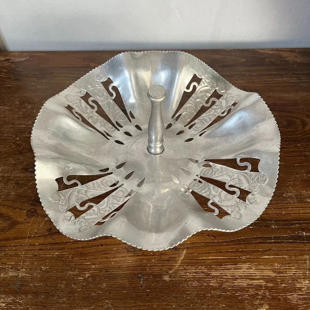 VTG Pierced Aluminum Pedestal Tidbit Serving Tray Candy Dish Bowl Center Handle